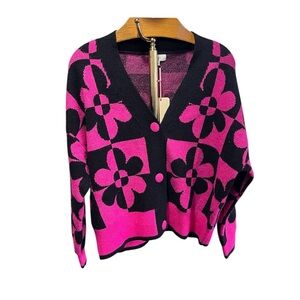Entro New Pink and Black Floral Cardigan Retro Large